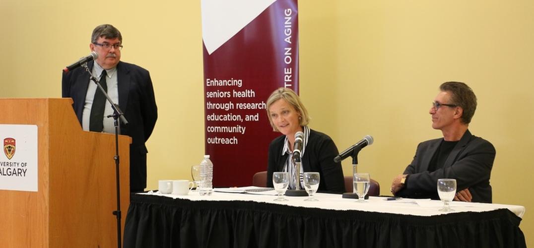 <p>Keynote presenters Janine Wiles, centre, and Andrew Wister, right, along with Brenda Strafford Centre on Aging academic lead David Hogan at the Resilience in Aging: Exploring People, Places, and Policies event on Oct. 3. <em>O'Brien Institute for Public Health photo</em></p>

<p><span class="pqCenter"><em>“Older adults play an important role in our society. They have a wealth of skills and experiences, and contribute to their families, communities, and society as a whole in very significant ways.”</em><br />
<em>- Dr. David Hogan</em></span></p>
